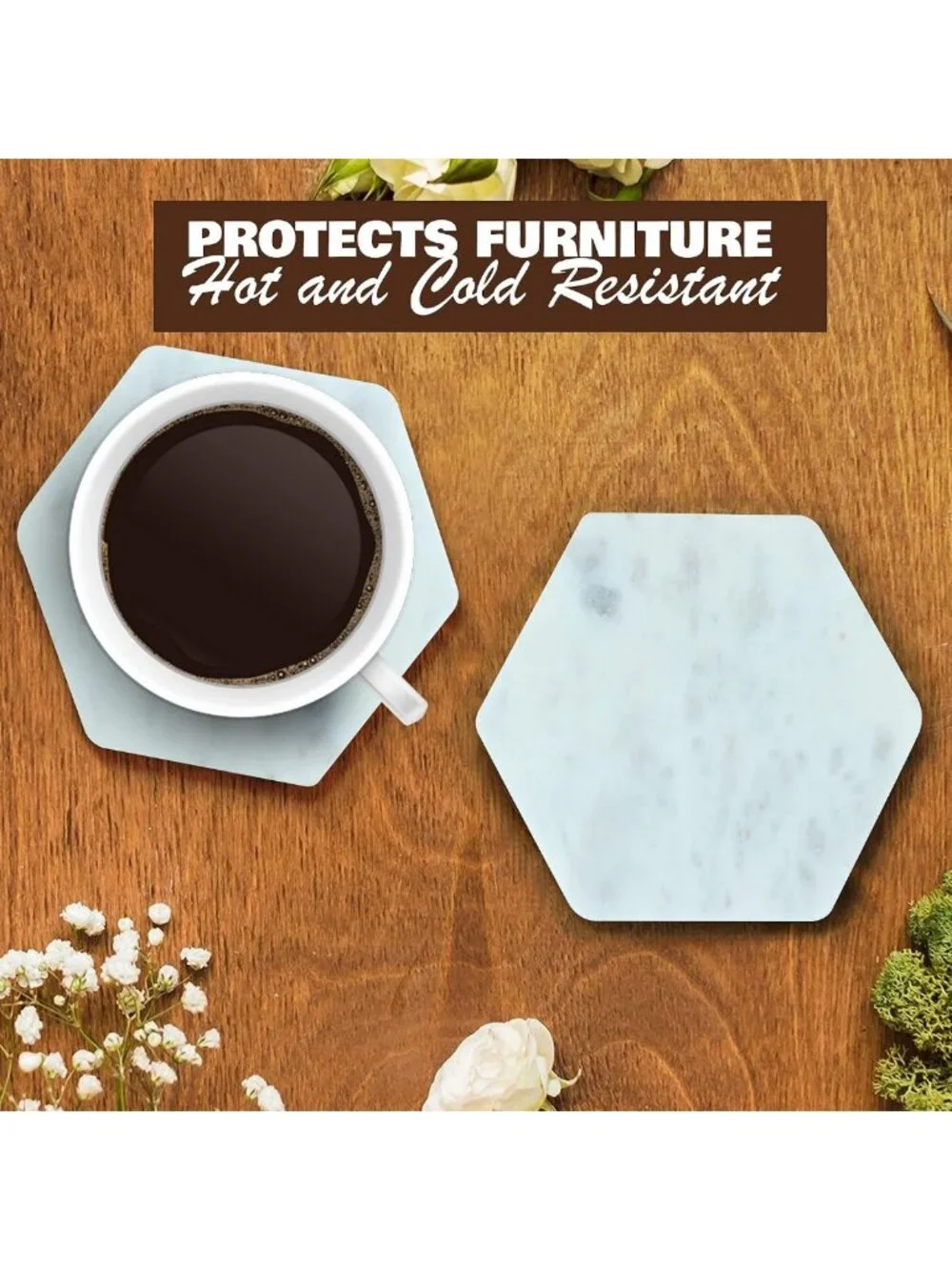 Set of 6 Hexagon Marble Coasters | Modern White Decor for Home & Office